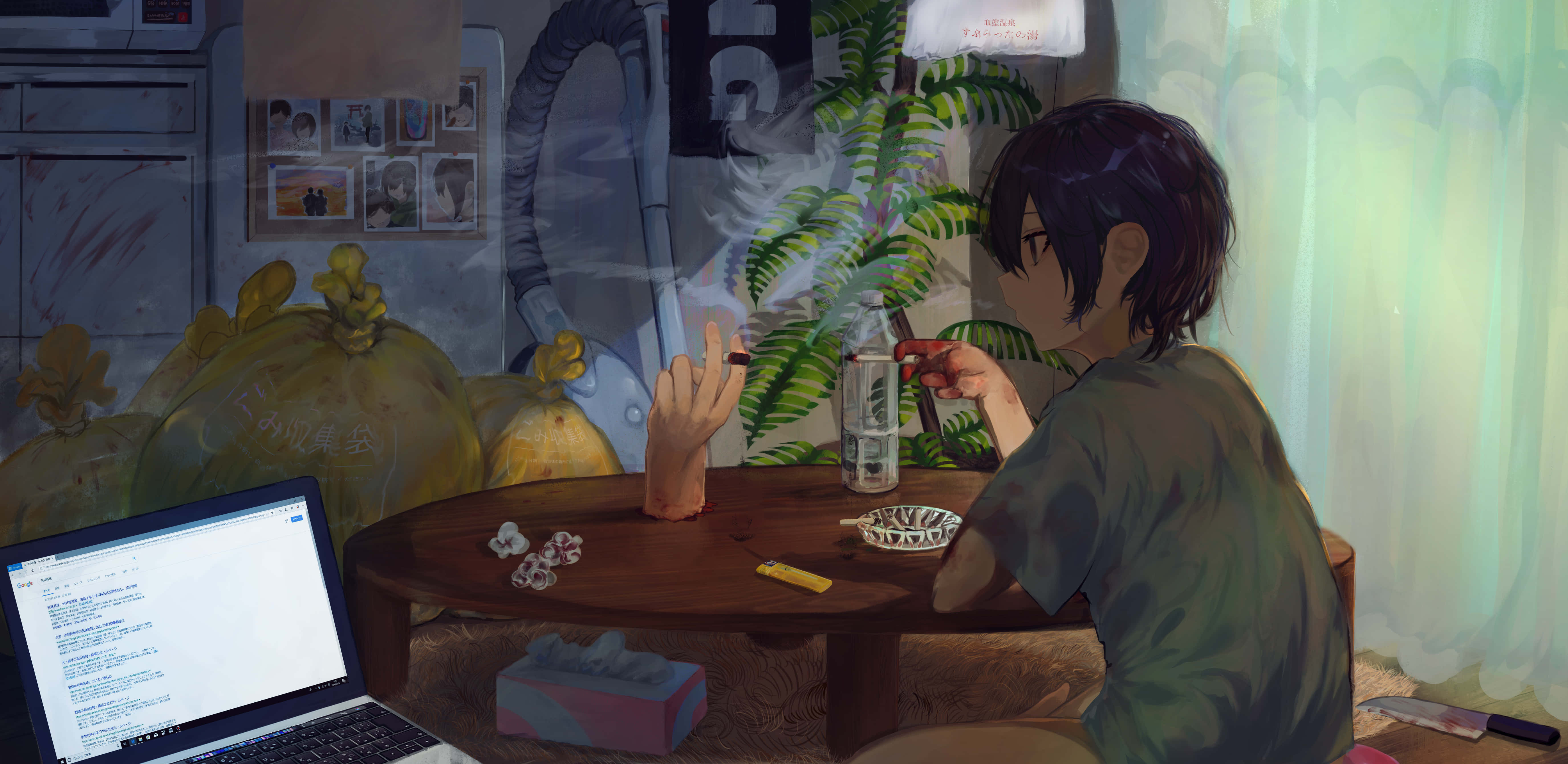 Anime boy computer, young anime character, cluttered wooden table, 5K Desktop Wallpaper
