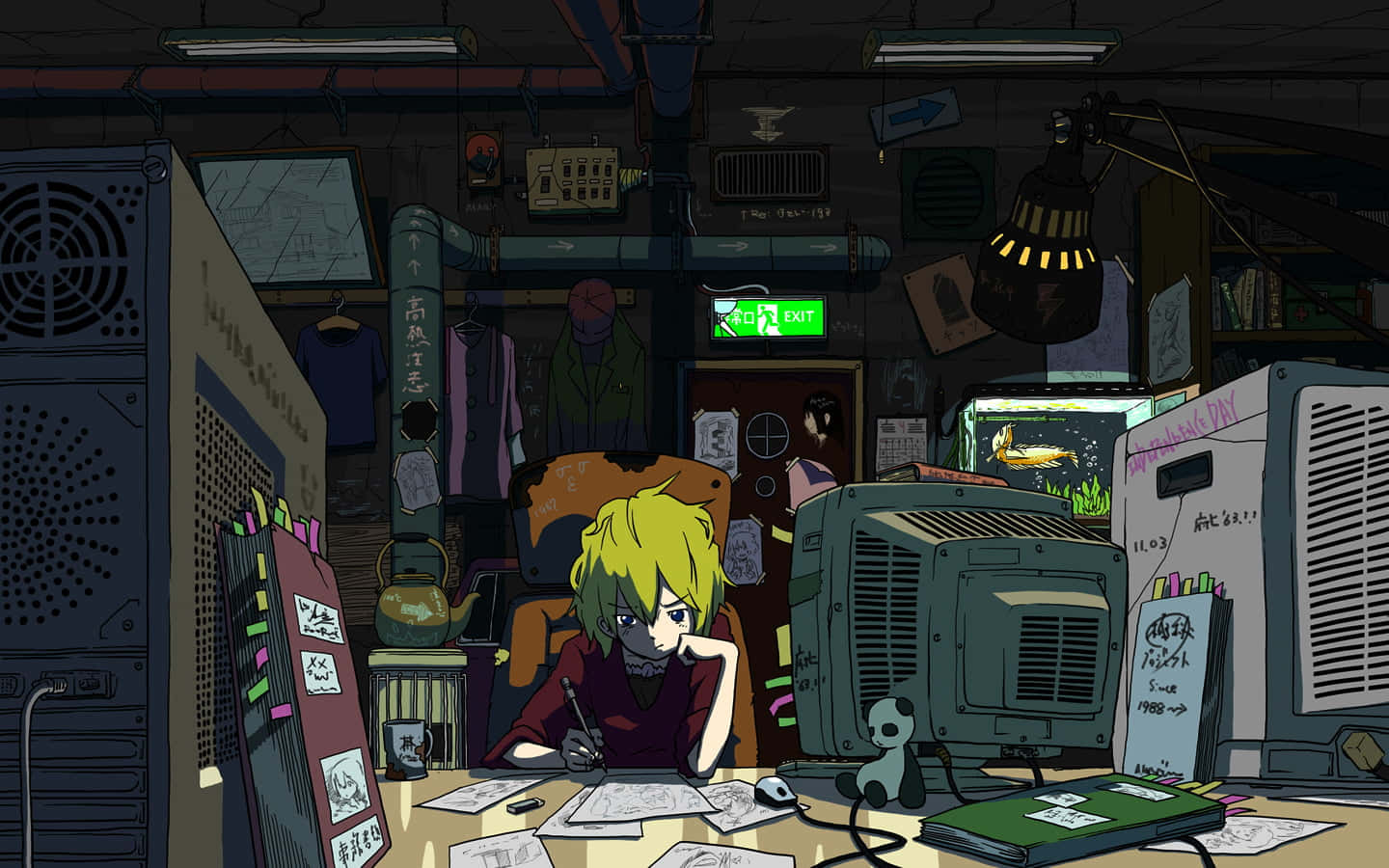 anime boy, yellow hair, cluttered desk, HD Desktop Wallpaper