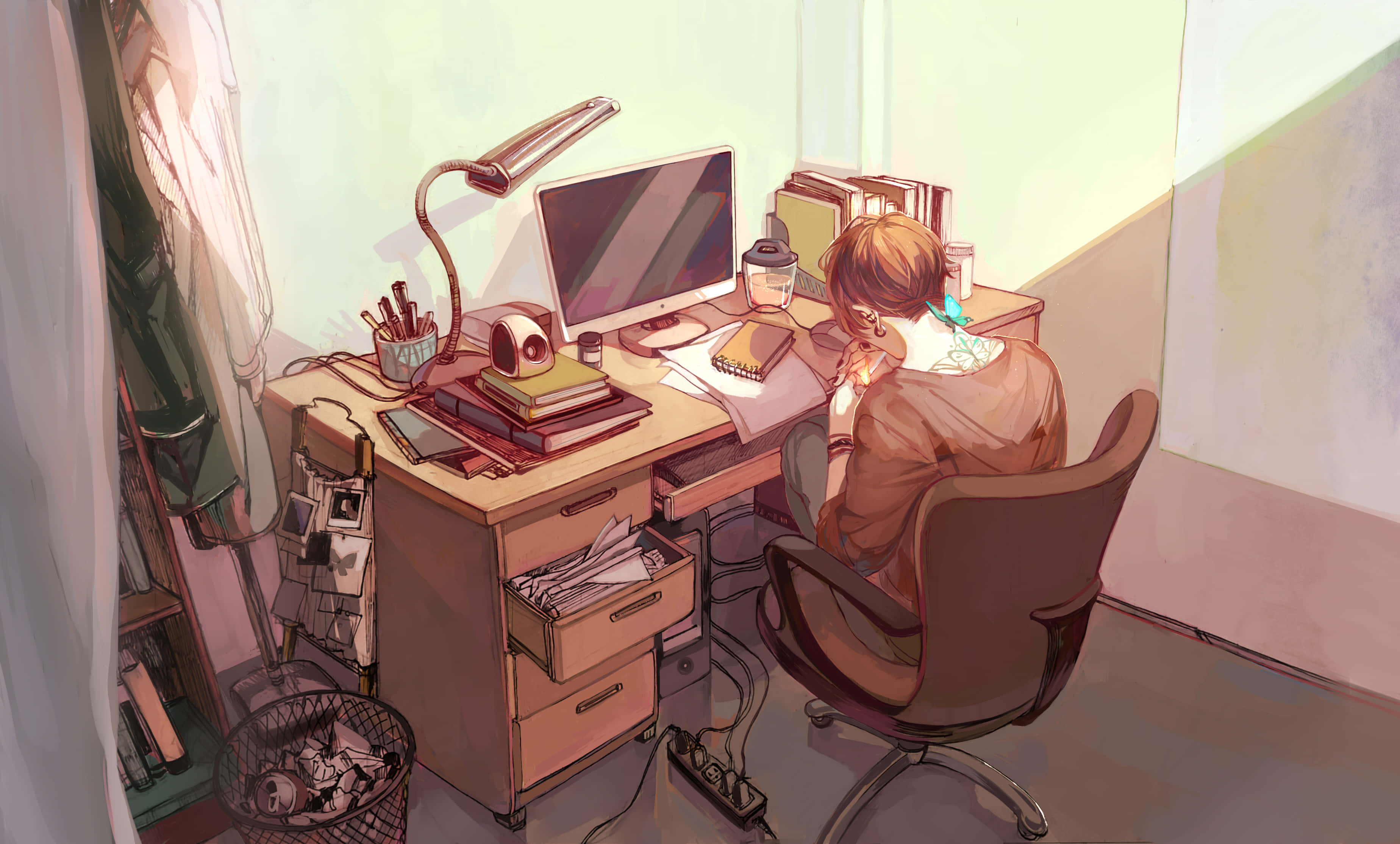 Anime Boy Computer, young person, brown hair, 2K Desktop Wallpaper