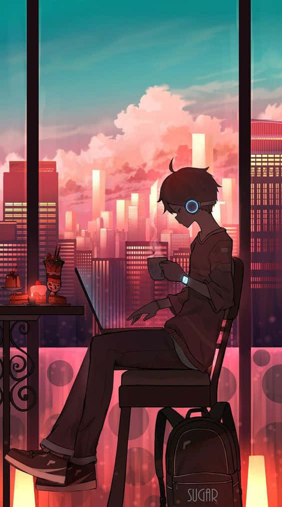 Anime Boy, laptop, glowing cityscape, SD Phone Wallpaper