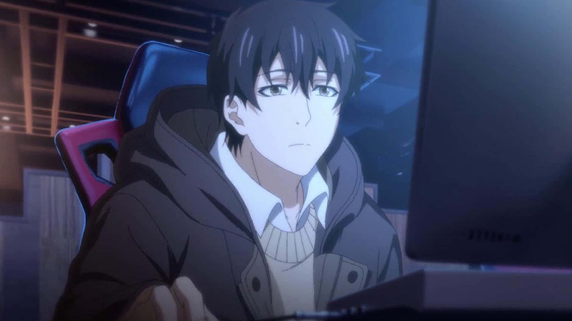 anime boy, gaming chair, glowing monitor, Full HD Desktop Wallpaper