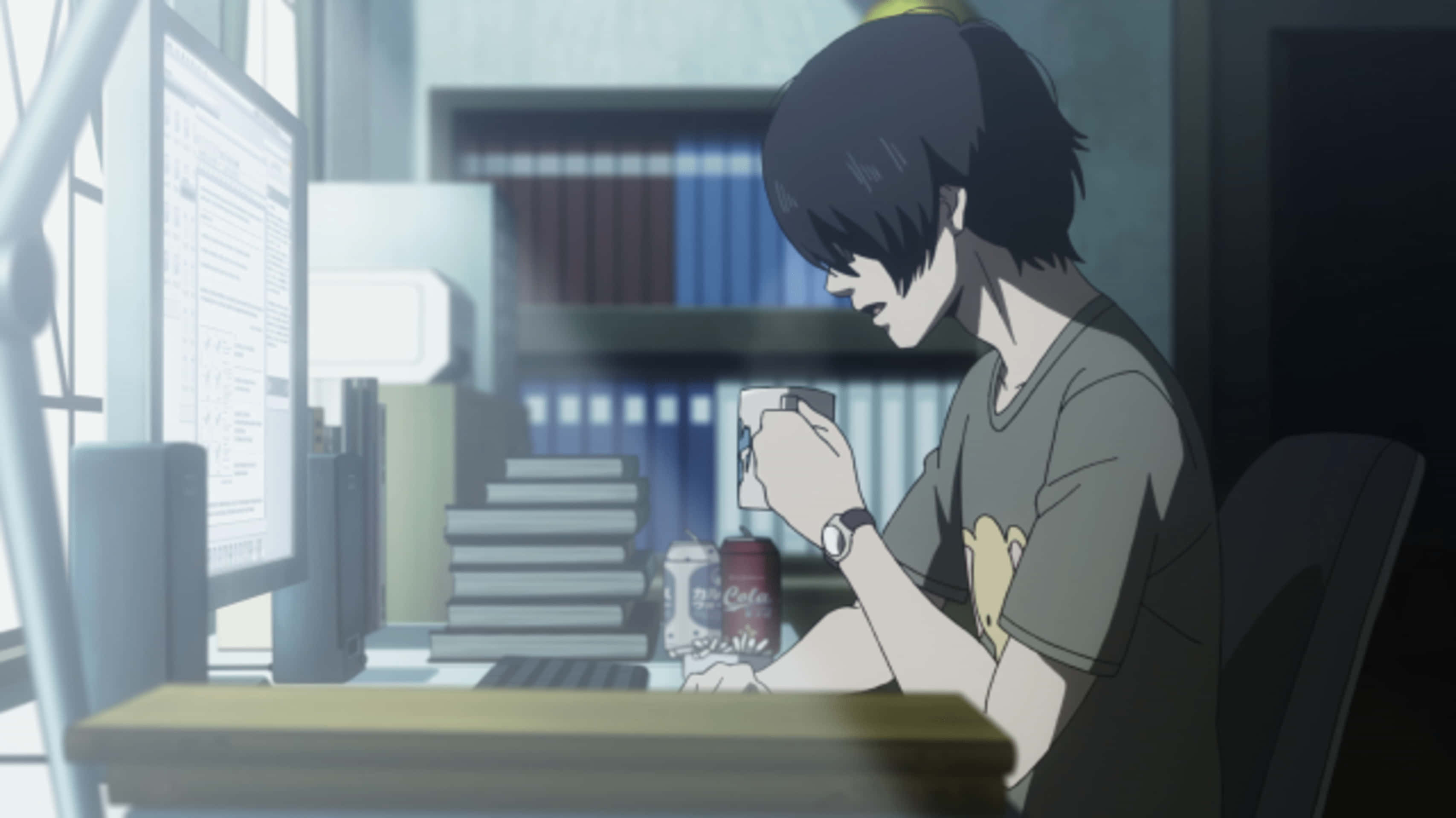 anime character, desk, dimly lit room, 2K Desktop Wallpaper