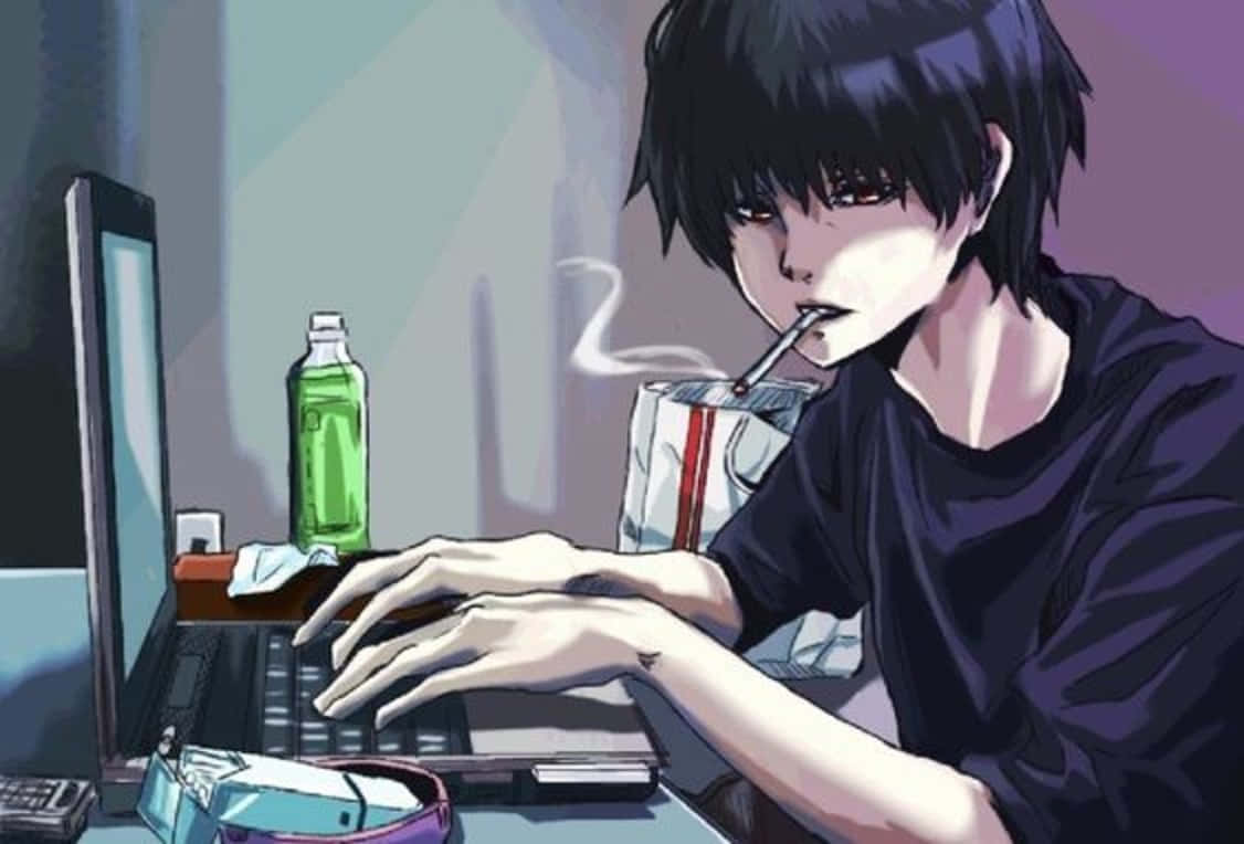 anime boy, laptop, dark hair, SD Desktop Wallpaper