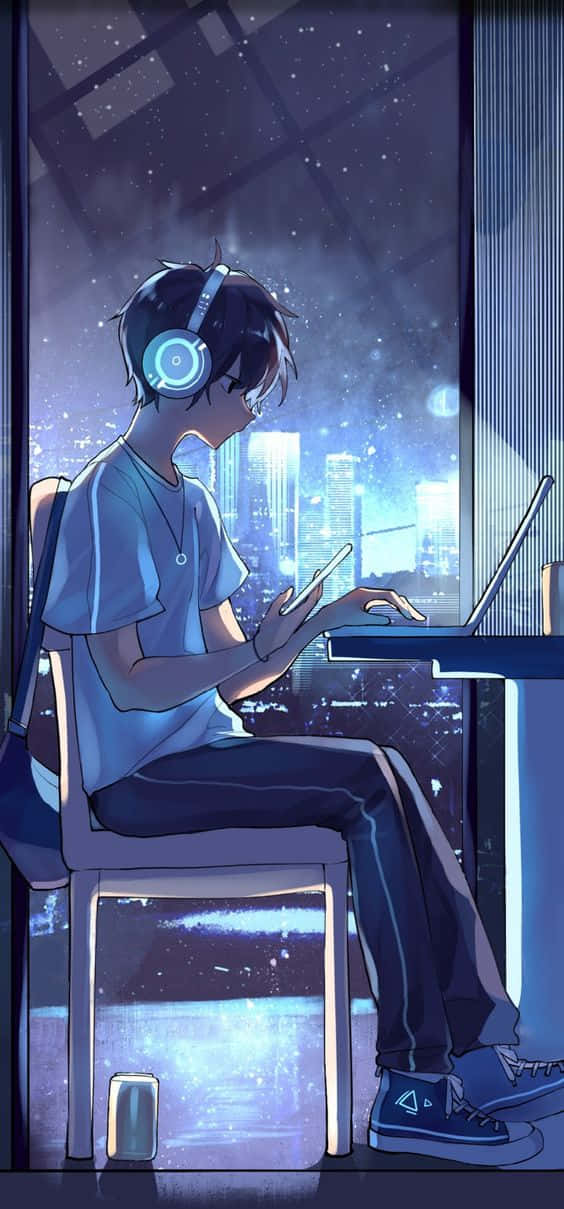 Anime Boy, Computer, night, SD Phone Wallpaper