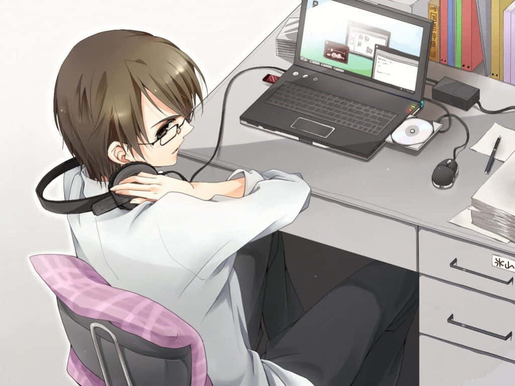 anime boy, glasses, headphones, SD Desktop Wallpaper