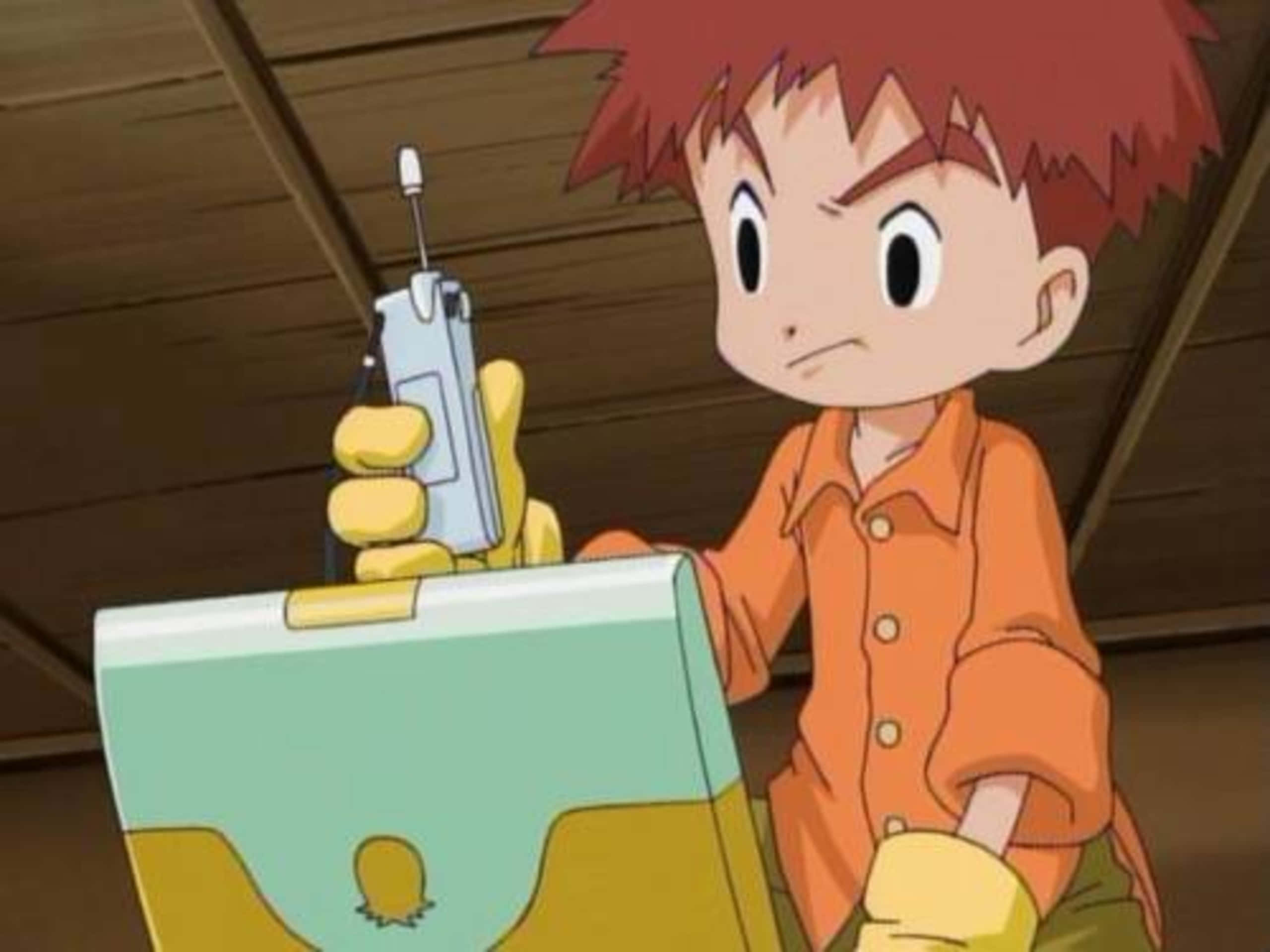 red-haired anime boy, orange shirt, silver digivice, 2K Desktop Wallpaper