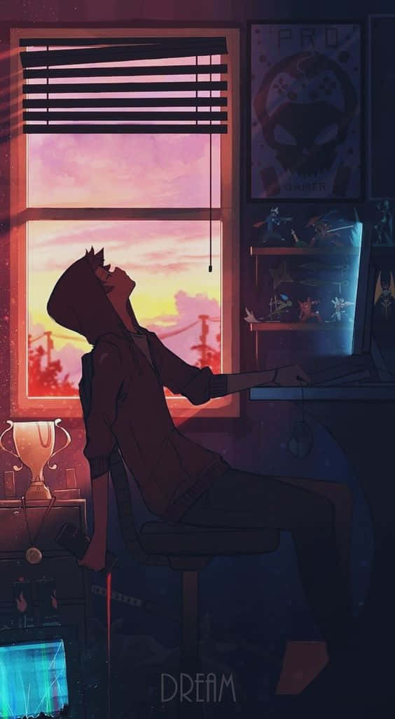 anime boy, computer setup, hoodie, SD Phone Wallpaper