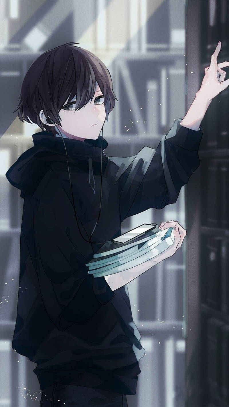 Anime Boy Dark, black hoodie, books, HD Phone Wallpaper