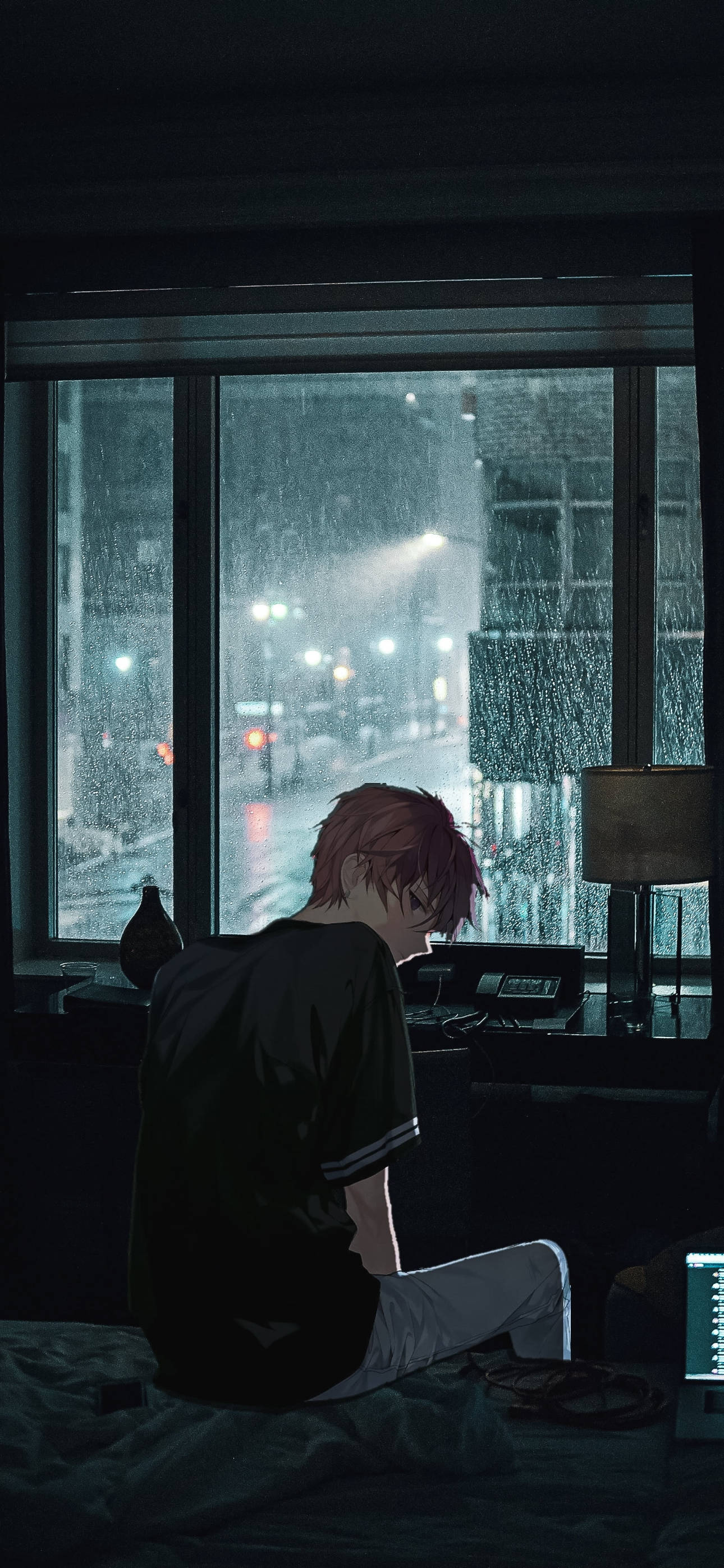 red-haired anime boy, rain-streaked window, dimly lit city street, 2K Phone Wallpaper