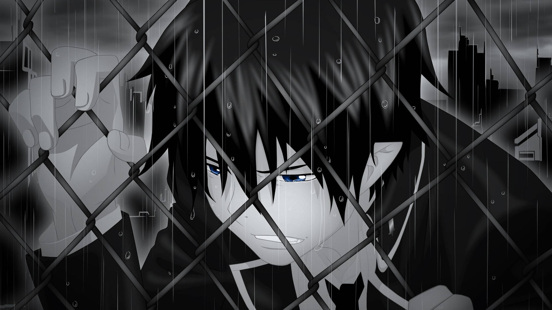 Anime Boy Dark, blue eyes, rain-slicked chain-link fence, Full HD Desktop Wallpaper