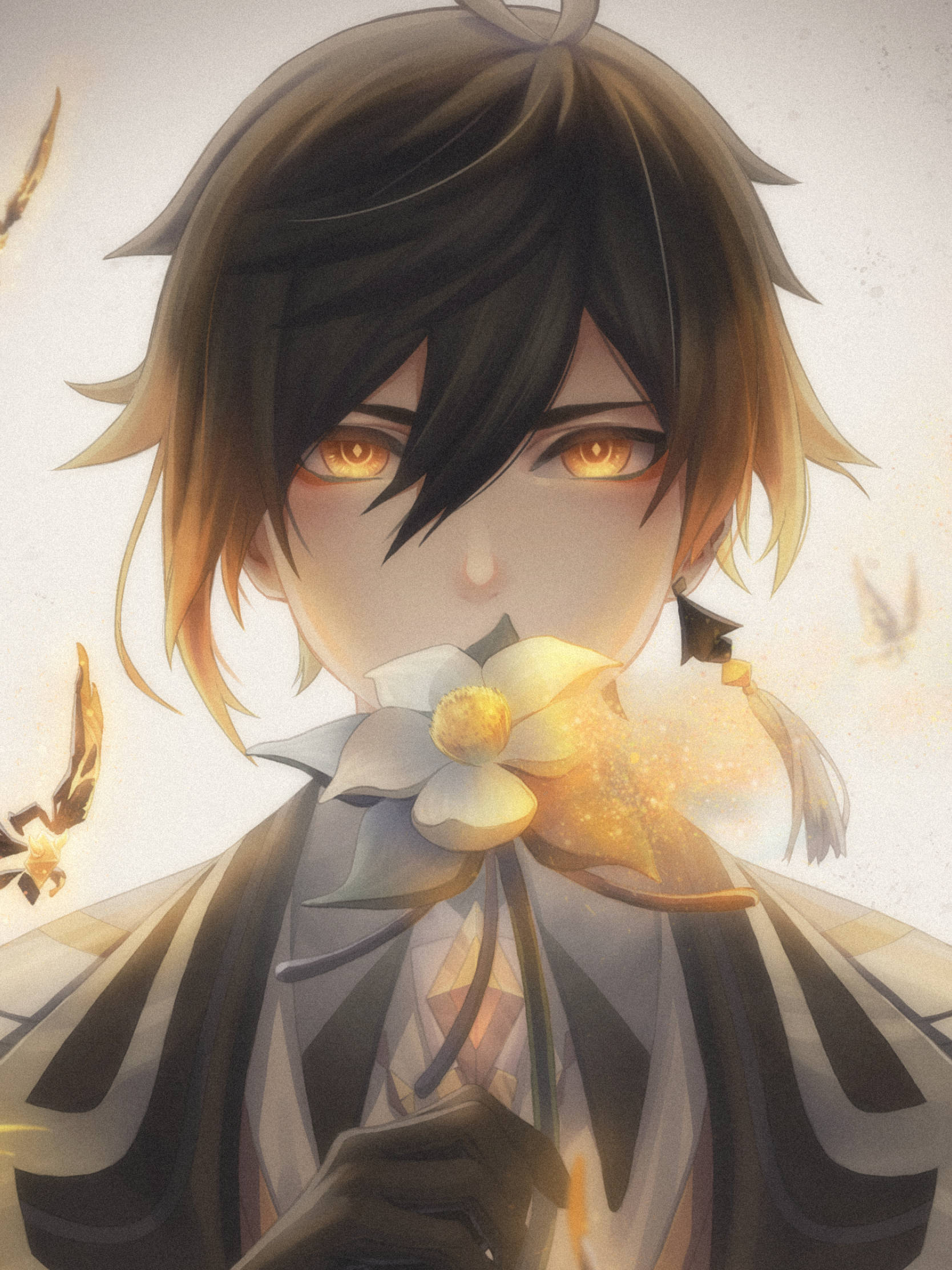 anime boy, glowing amber eyes, luminous white flower, Full HD Phone Wallpaper
