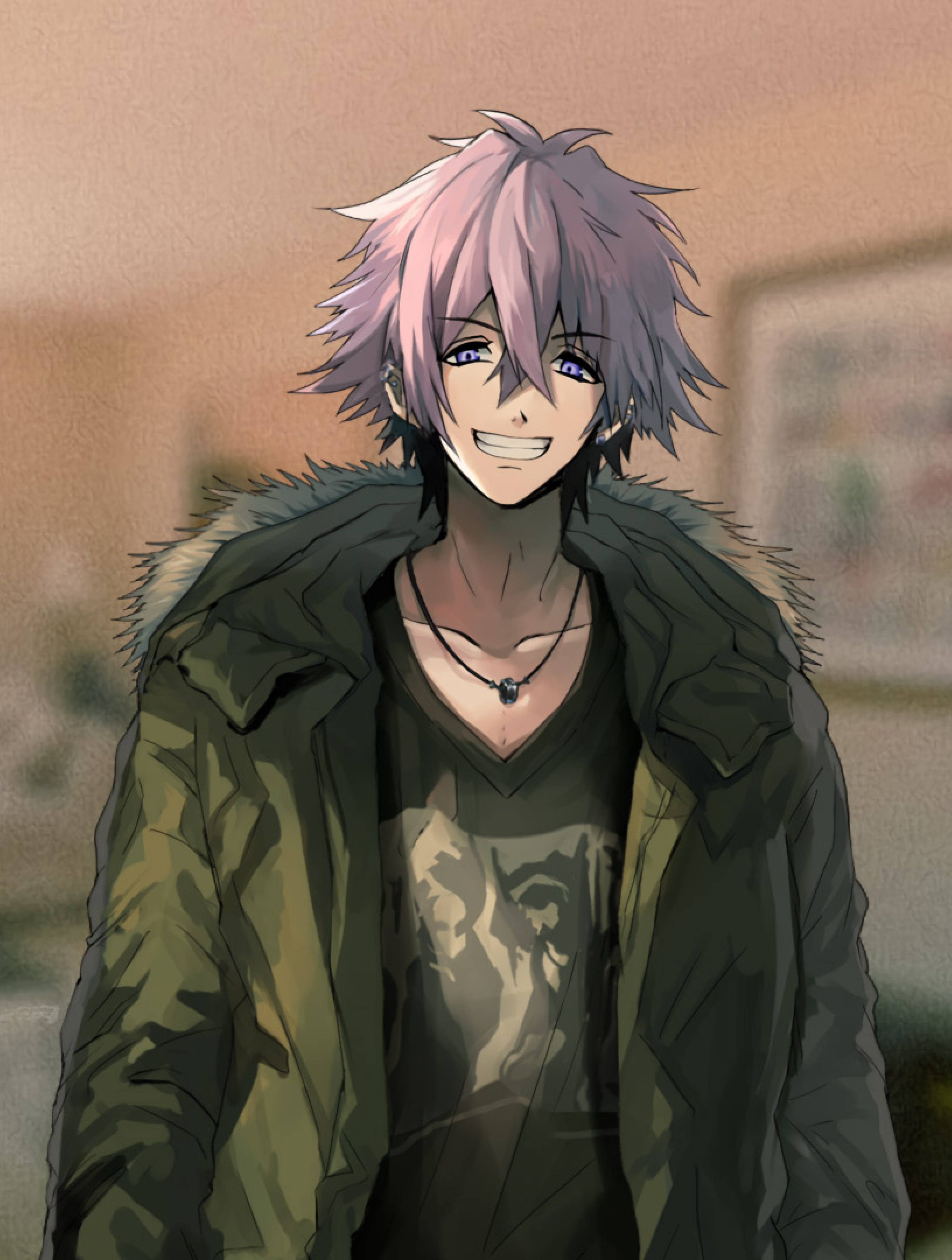 anime boy, spiky pink hair, blue eyes, 4K Phone Wallpaper