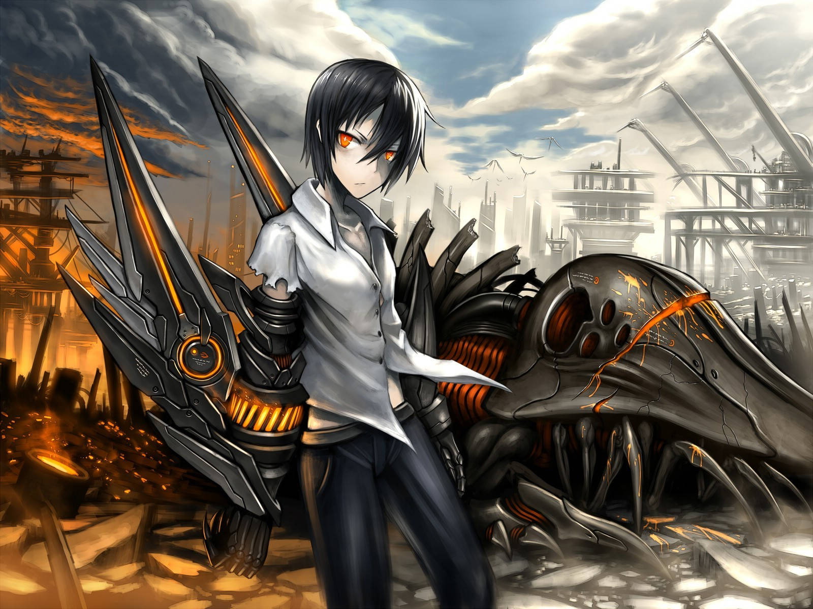 Anime Boy Gaming With Cyborg Boy, dark-haired anime character, glowing orange eyes, HD Desktop Wallpaper