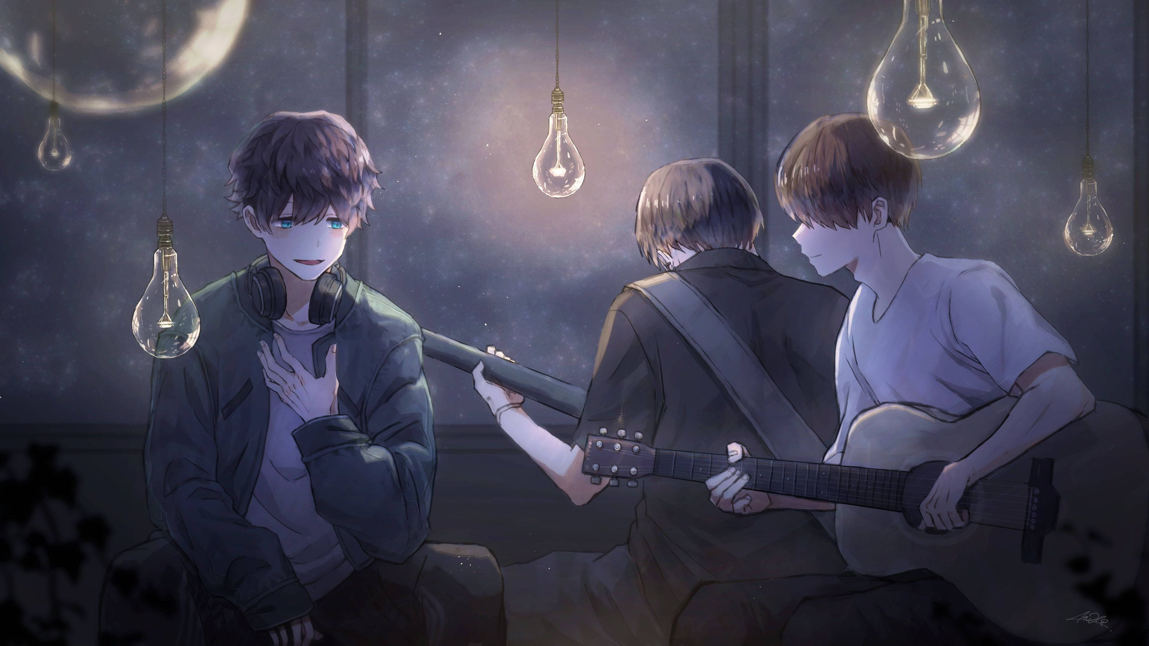 anime boys, guitar, glowing bulbs, 4K Desktop Wallpaper