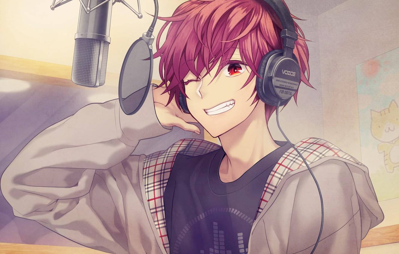 Anime boy, pink hair, red eyes, HD Desktop Wallpaper