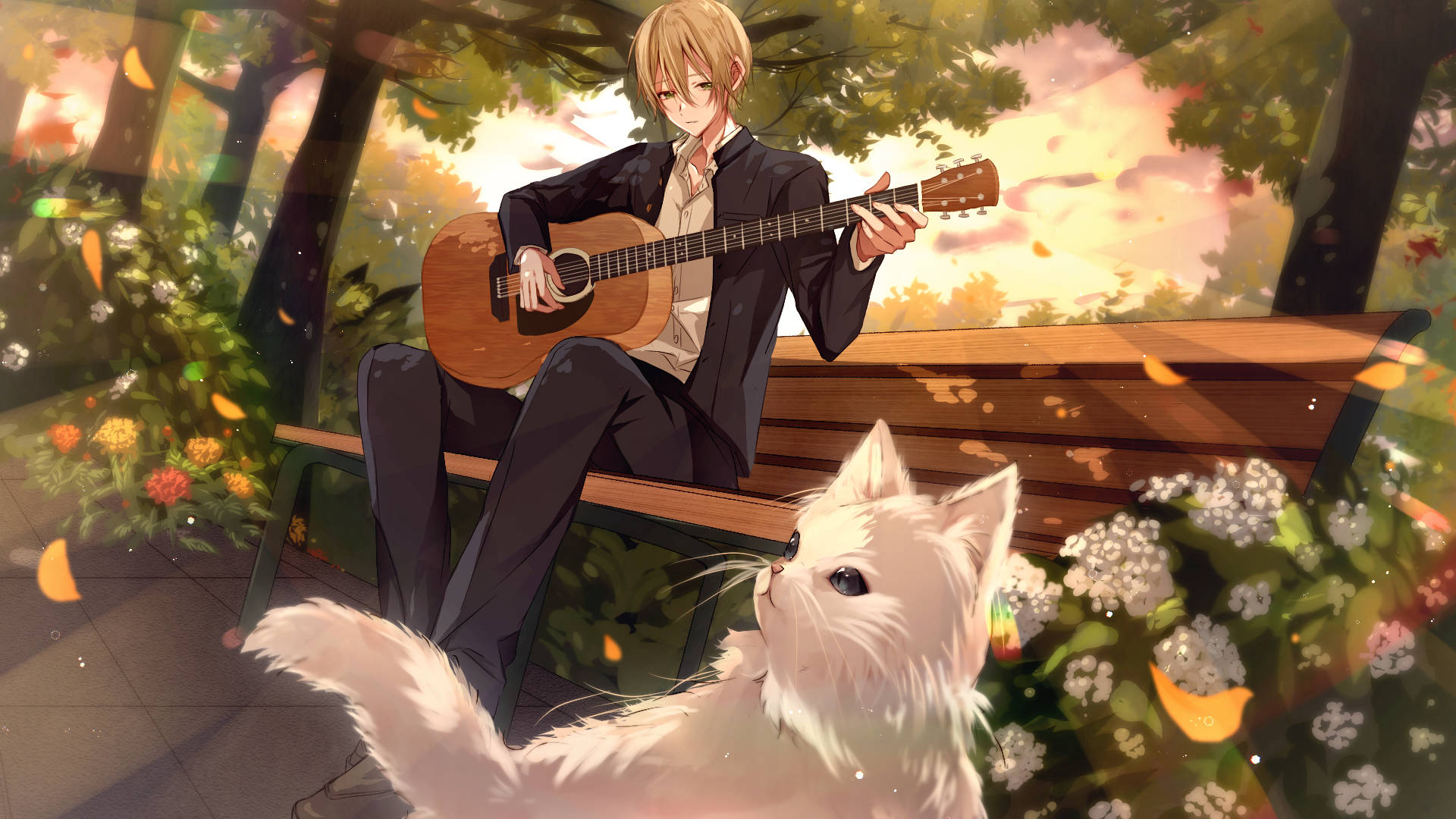 blonde anime boy, suit, guitar, Full HD Desktop Wallpaper