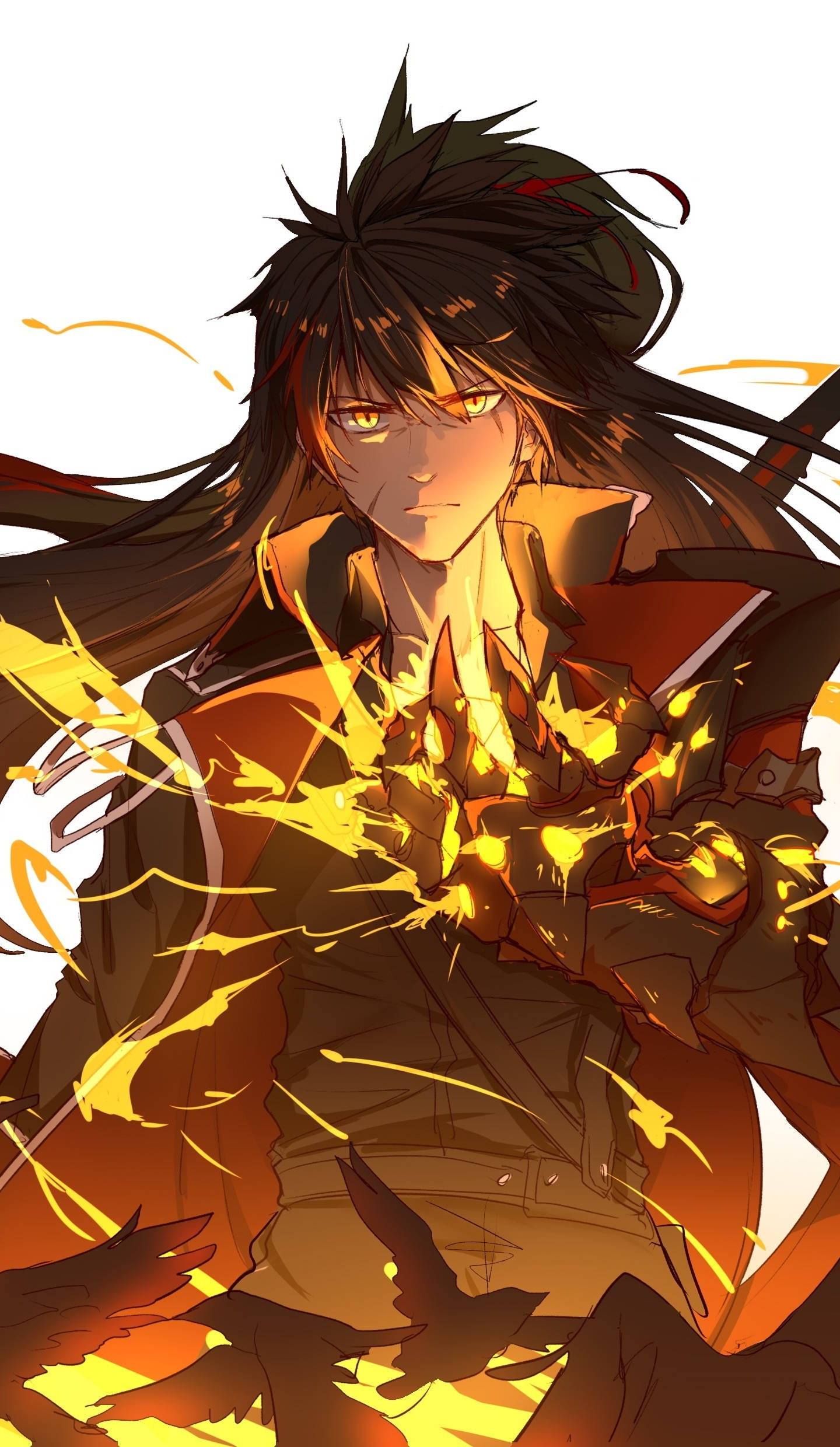 Anime Boy, glowing amber eyes, fiery energy, Full HD Phone Wallpaper
