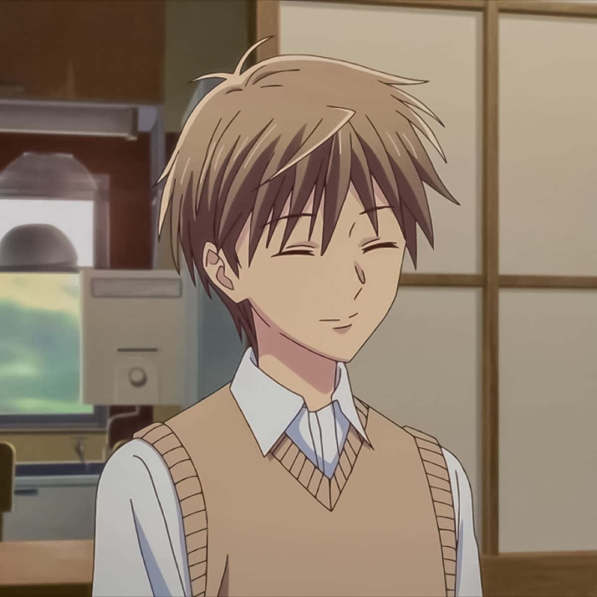 anime boy, messy brown hair, beige sweater vest, SD Desktop Wallpaper