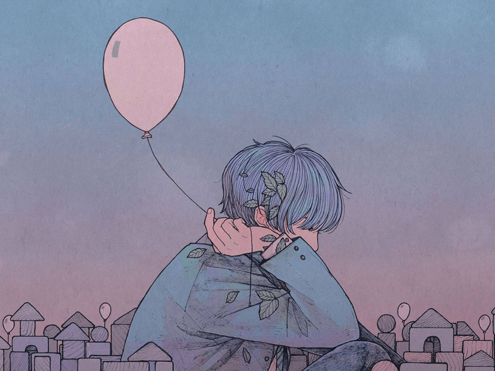 blue-haired anime character, pink balloon, soft twilight sky, HD Desktop Wallpaper