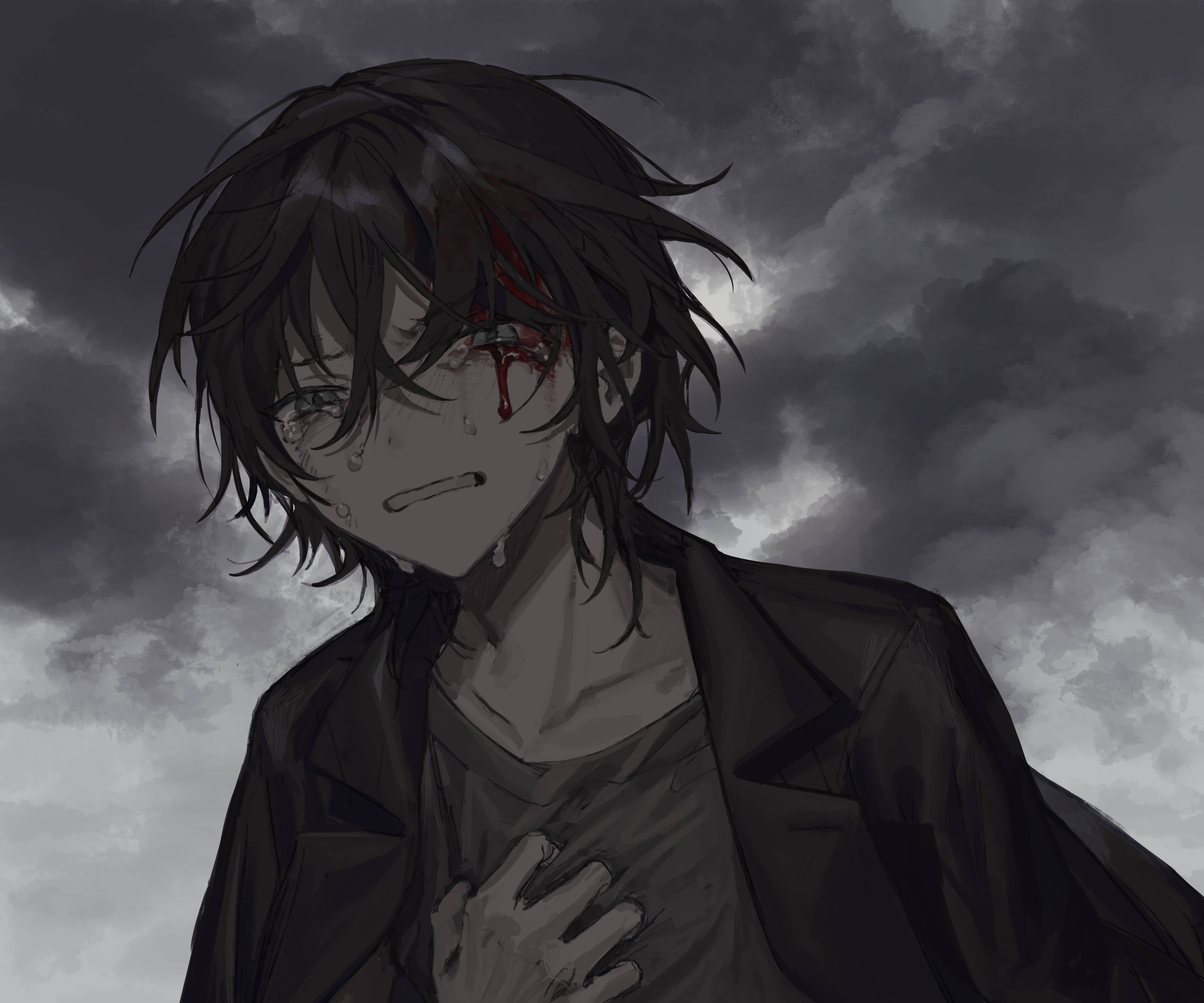 Anime Boy Sad Aesthetic, distressed anime boy, bloodied face, 4K Desktop Wallpaper