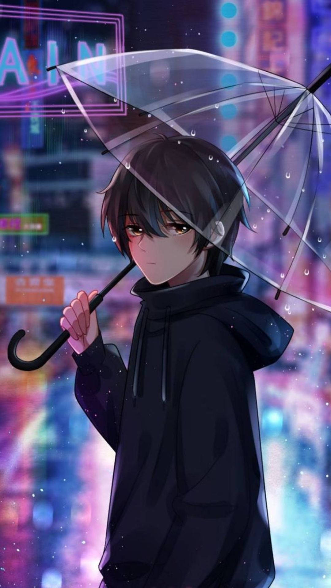 anime boy, black hoodie, clear umbrella, Full HD Phone Wallpaper