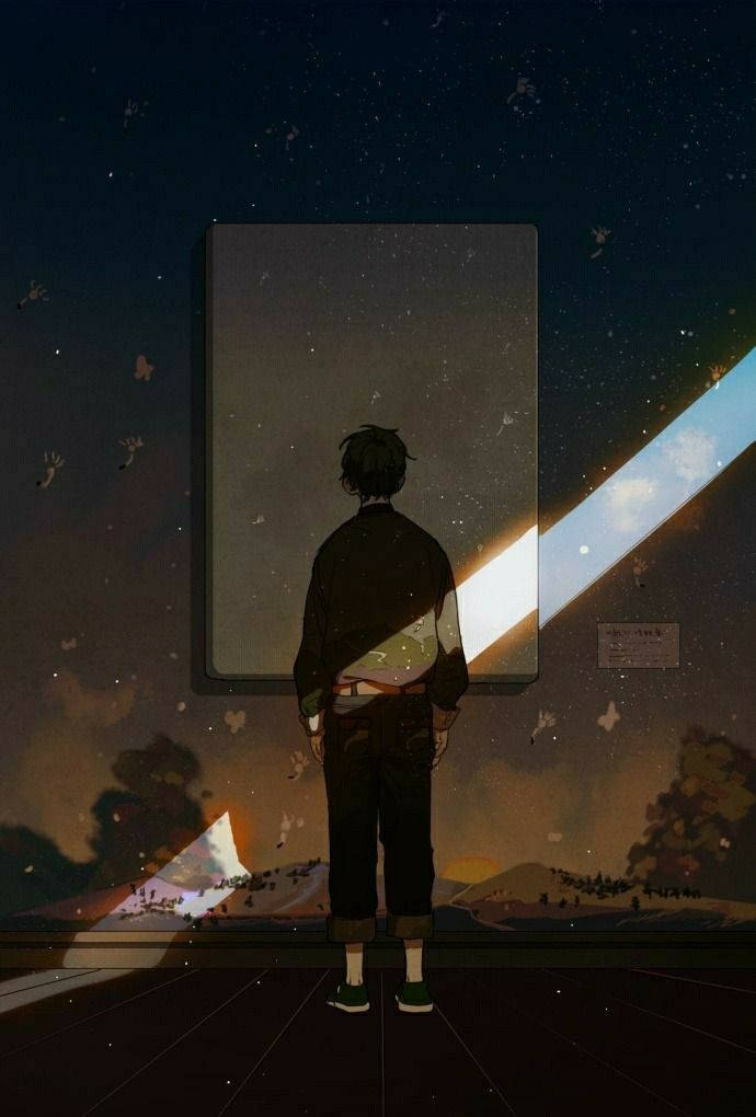Anime Boy Sad Aesthetic, dark room, glowing window, SD Phone Wallpaper