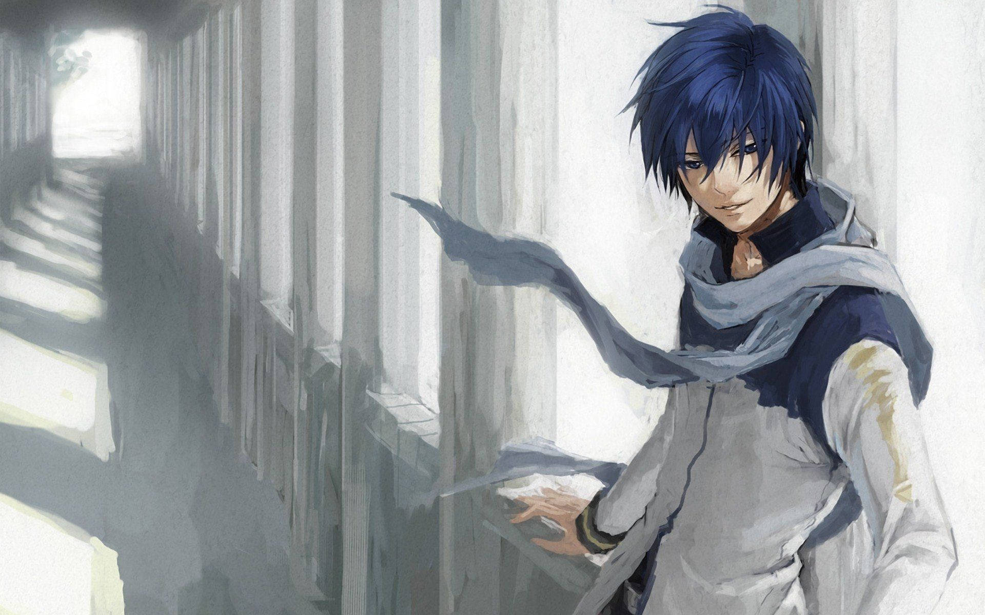 anime blue boy, blue-haired anime boy, sunlit corridor wall, Full HD Desktop Wallpaper