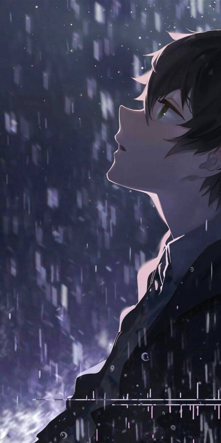 Anime Boy Sad Aesthetic, green eyes, rain, HD Phone Wallpaper