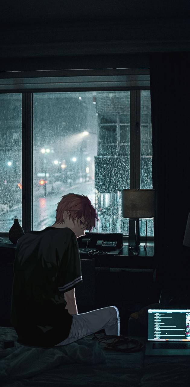 red-haired anime boy, dark room, rain-streaked window, HD Phone Wallpaper