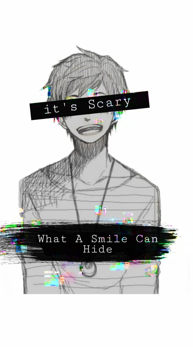 anime boy, forced smile, glitch text, HD Phone Wallpaper