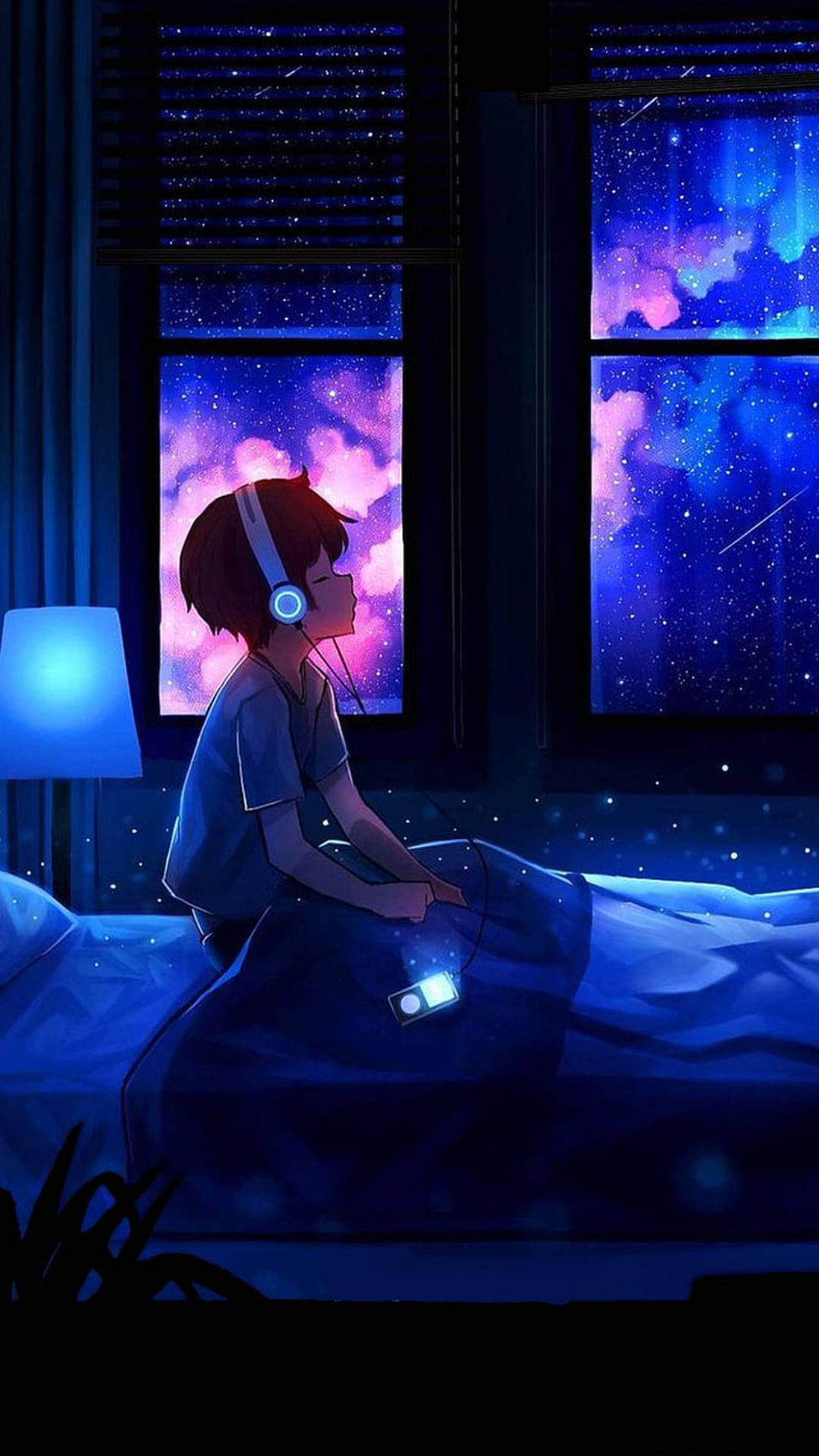 anime boy, headphones, starry night sky, Full HD Phone Wallpaper