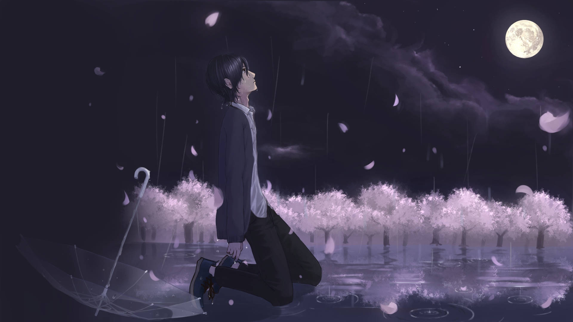 Anime Boy Sad Aesthetic, full moon, rain, Full HD Desktop Wallpaper
