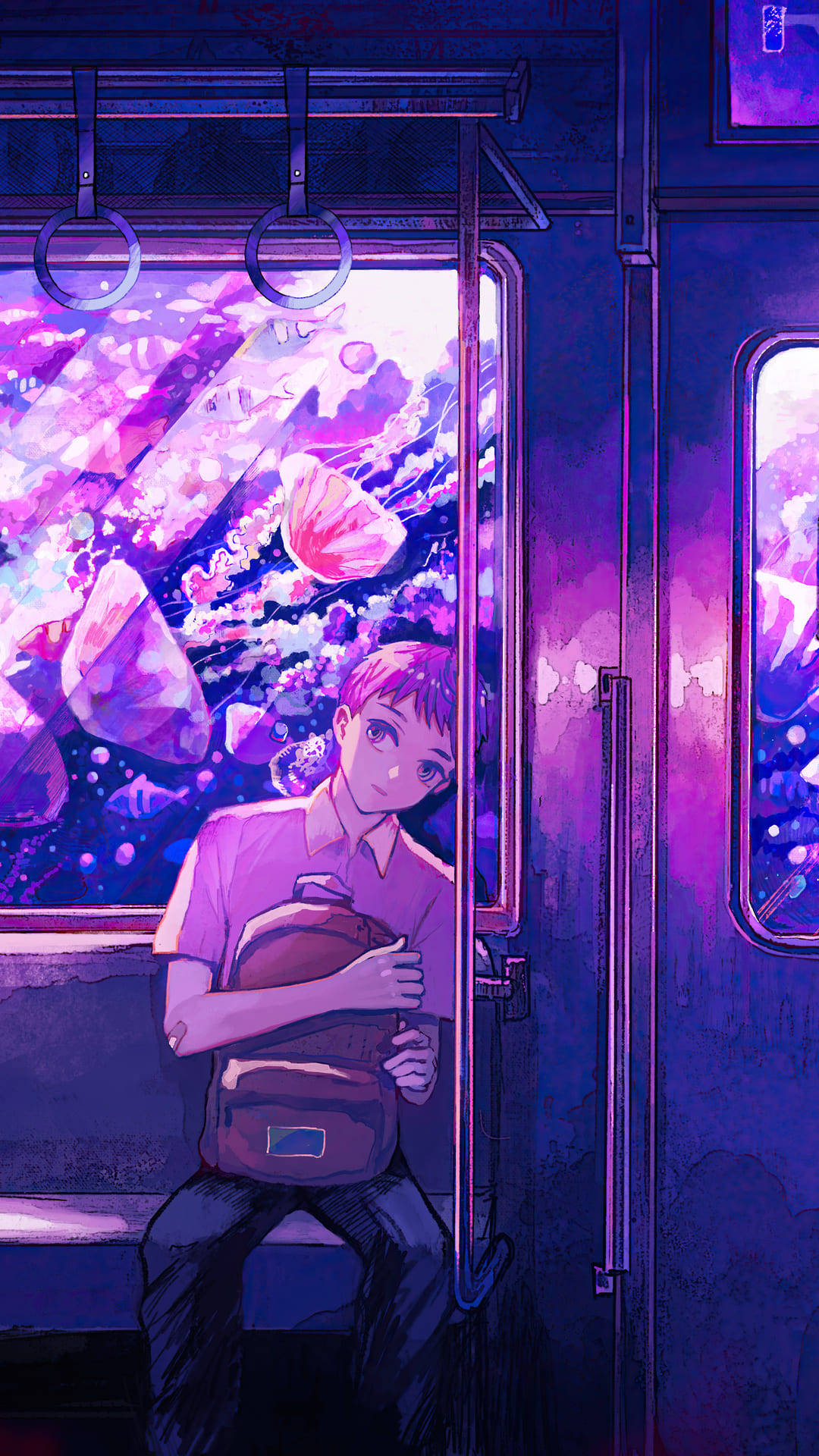 anime boy, subway, glowing purple jellyfish, Full HD Phone Wallpaper