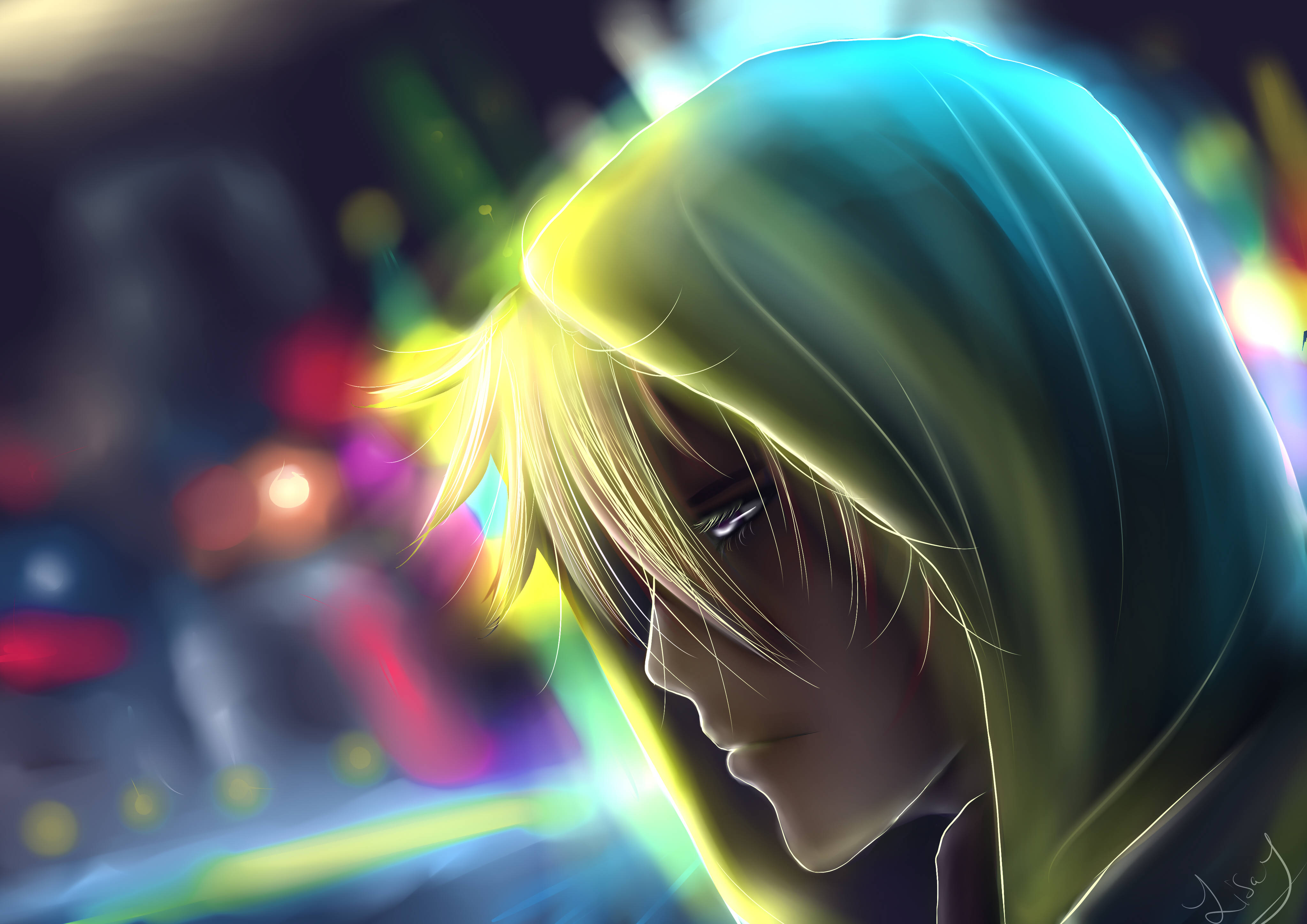 blonde anime boy, hood, vibrant neon light, 4K Desktop Wallpaper