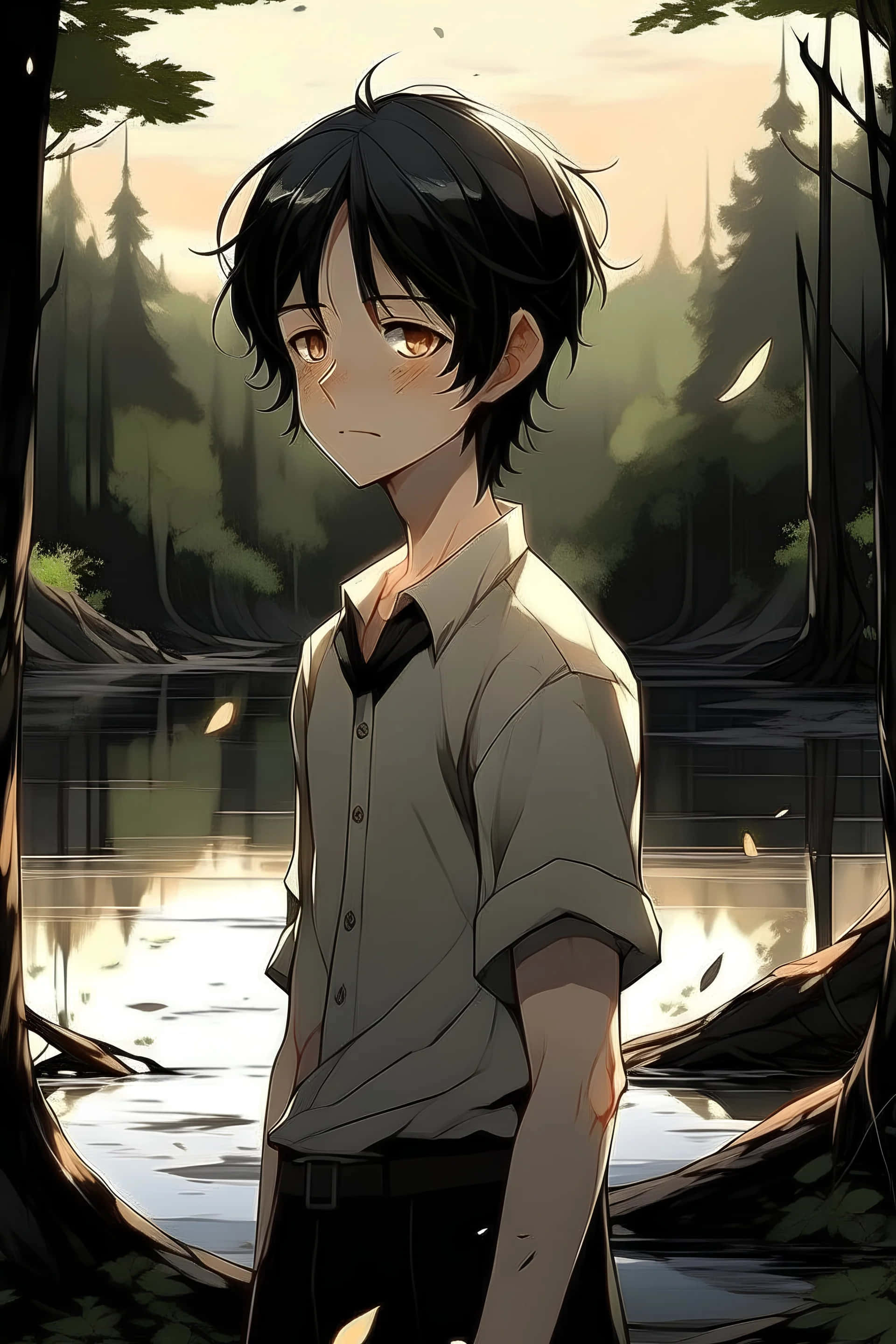 Anime Boy, black hair, forest backdrop, 2K Phone Wallpaper