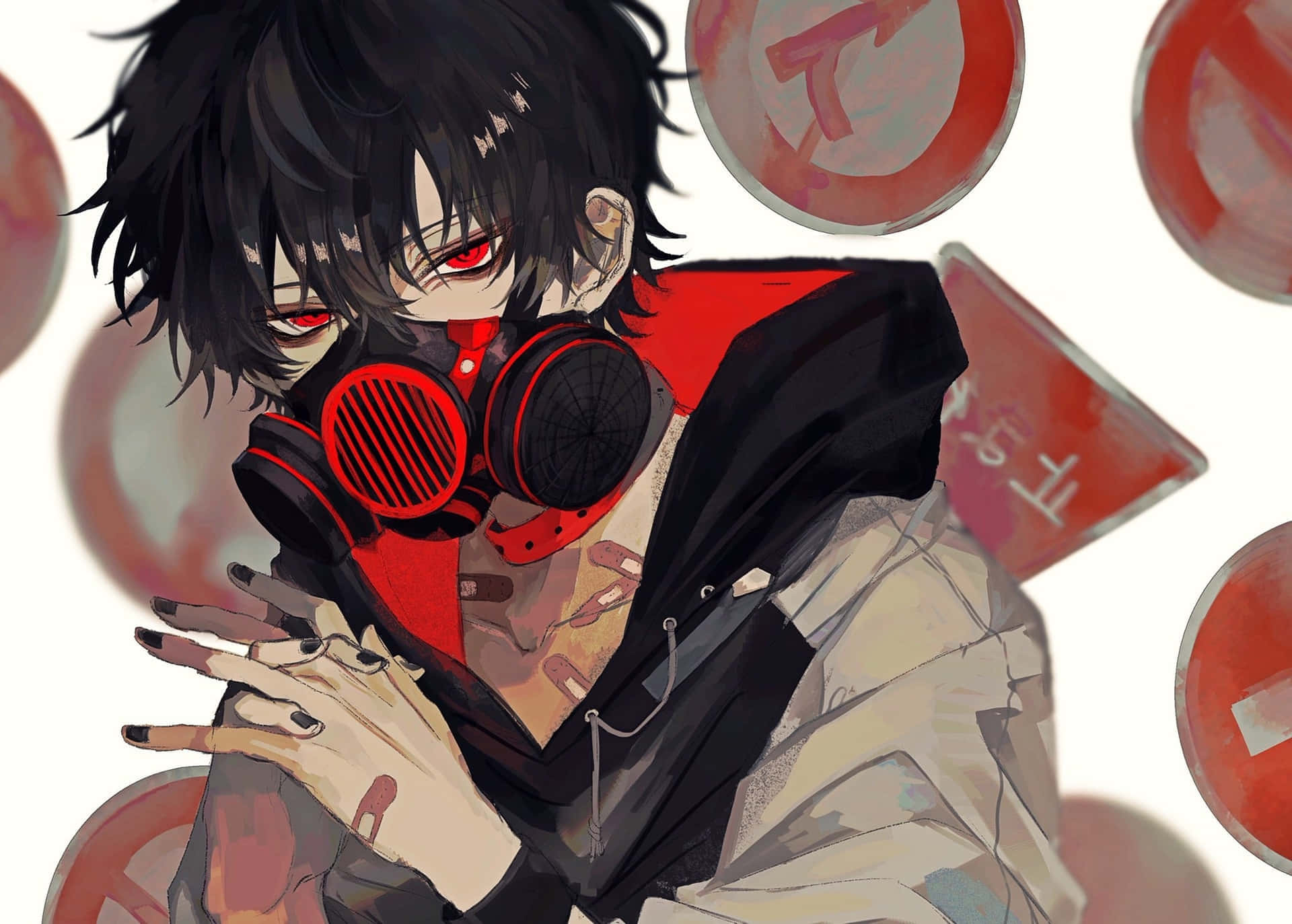 Anime Boy, black hair, red headphones, Full HD Desktop Wallpaper