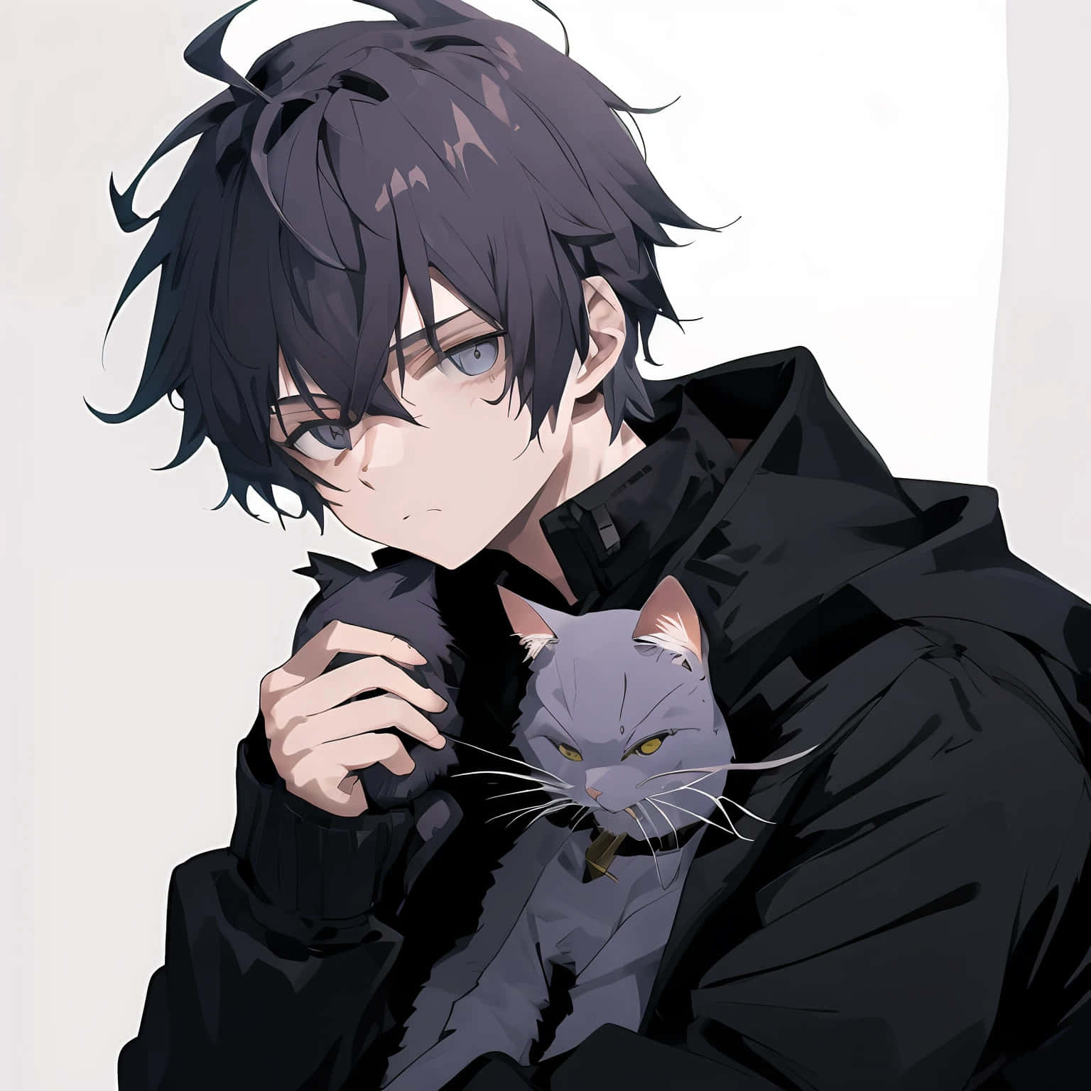 Anime Boy, black hair, cat, HD Desktop Wallpaper