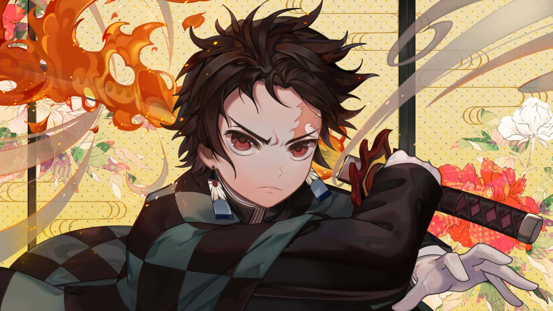 anime boy, flaming sword, dark hair, Full HD Desktop Wallpaper