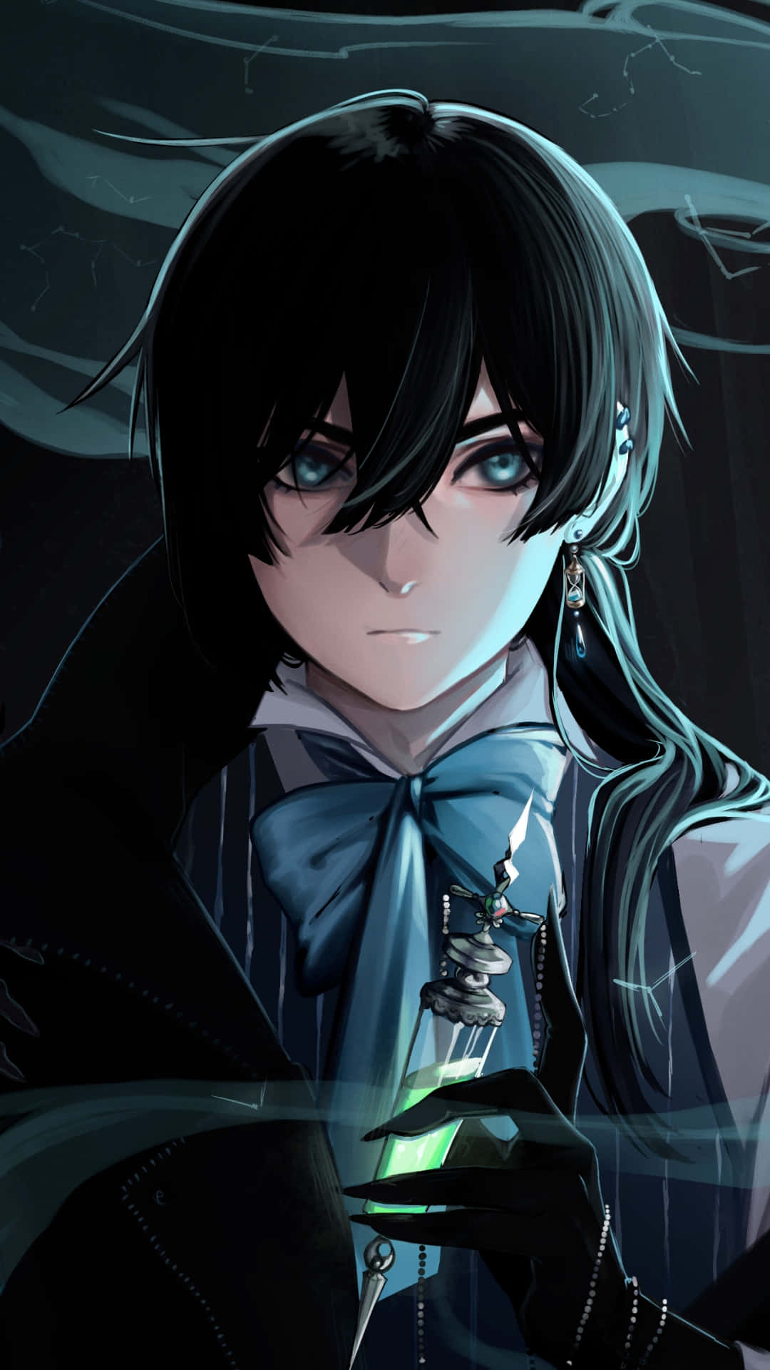 Anime Boy With Black Hair, glowing blue eyes, glowing green potion bottle, Full HD Phone Wallpaper