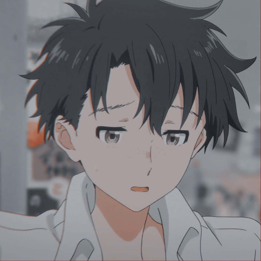 anime boy with black hair, messy black hair, wide eyes, SD Desktop Wallpaper