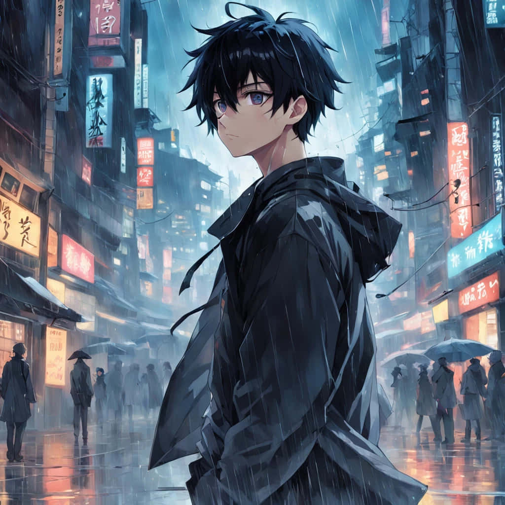 anime boy, black hair, rainy cityscape, SD Desktop Wallpaper