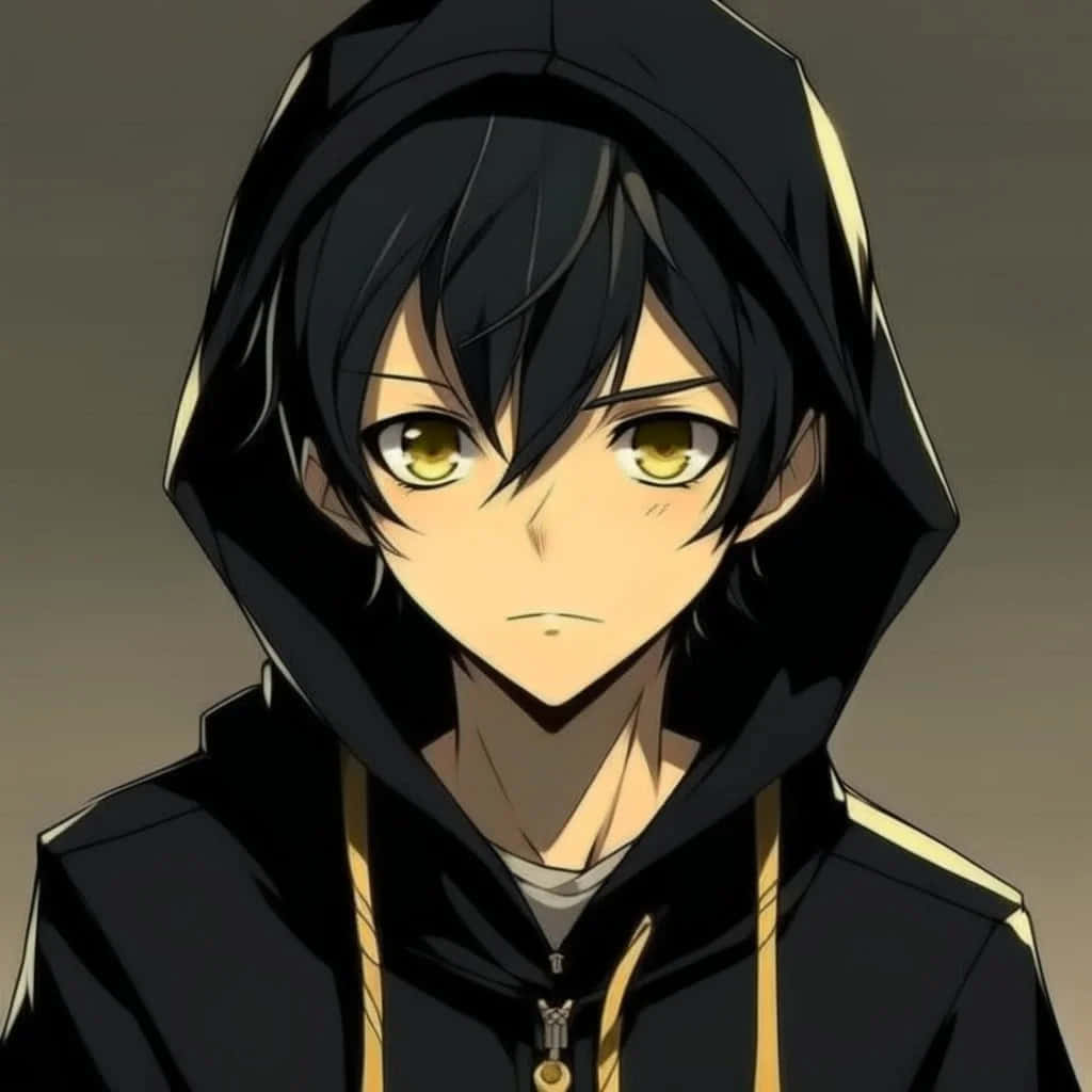 anime boy with black hair and yellow eyes, black hoodie with gold trim, glowing yellow eyes, SD Desktop Wallpaper