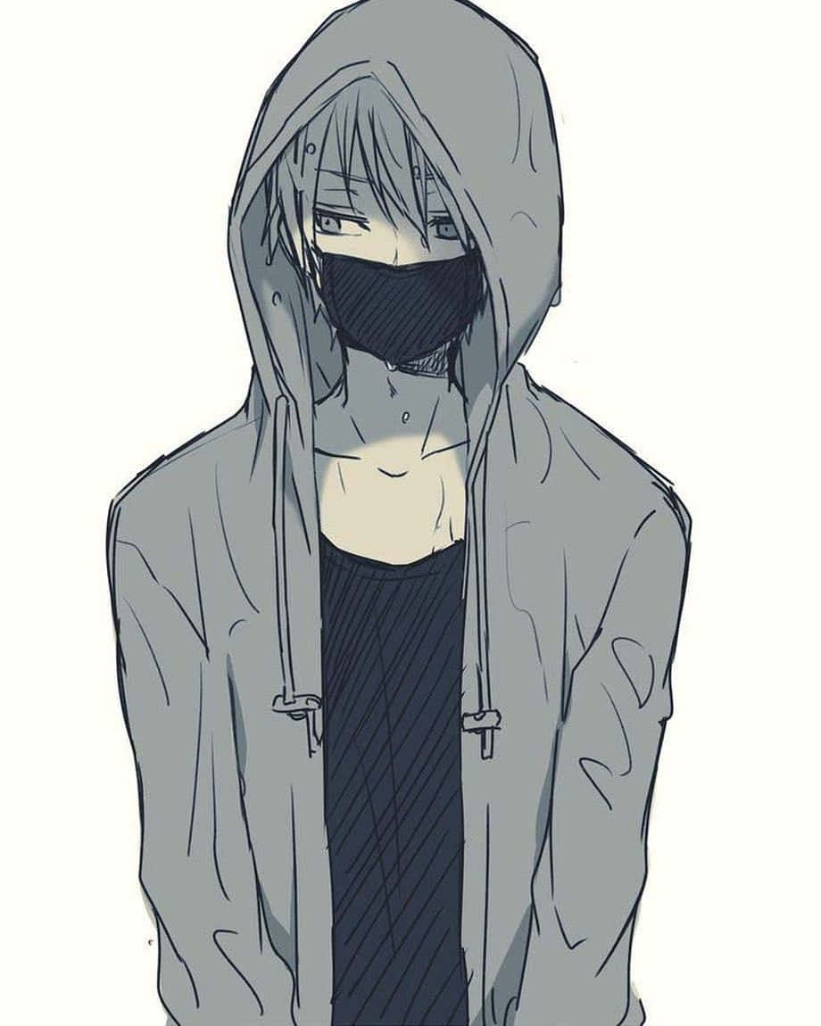 shy anime boy with mask, grey hoodie, black face mask, SD Phone Wallpaper