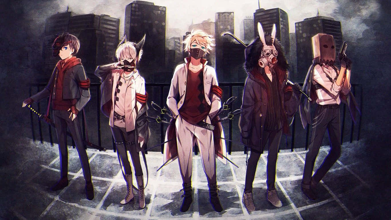 anime boys with mask, mask, rooftop, HD Desktop Wallpaper
