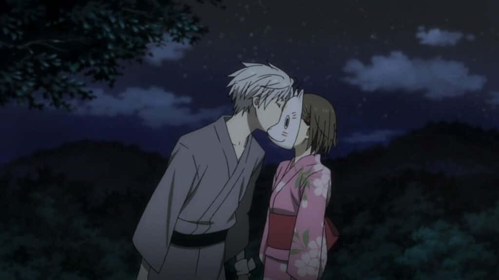 anime boy with mask, white-haired anime boy, girl in pink kimono, SD Desktop Wallpaper