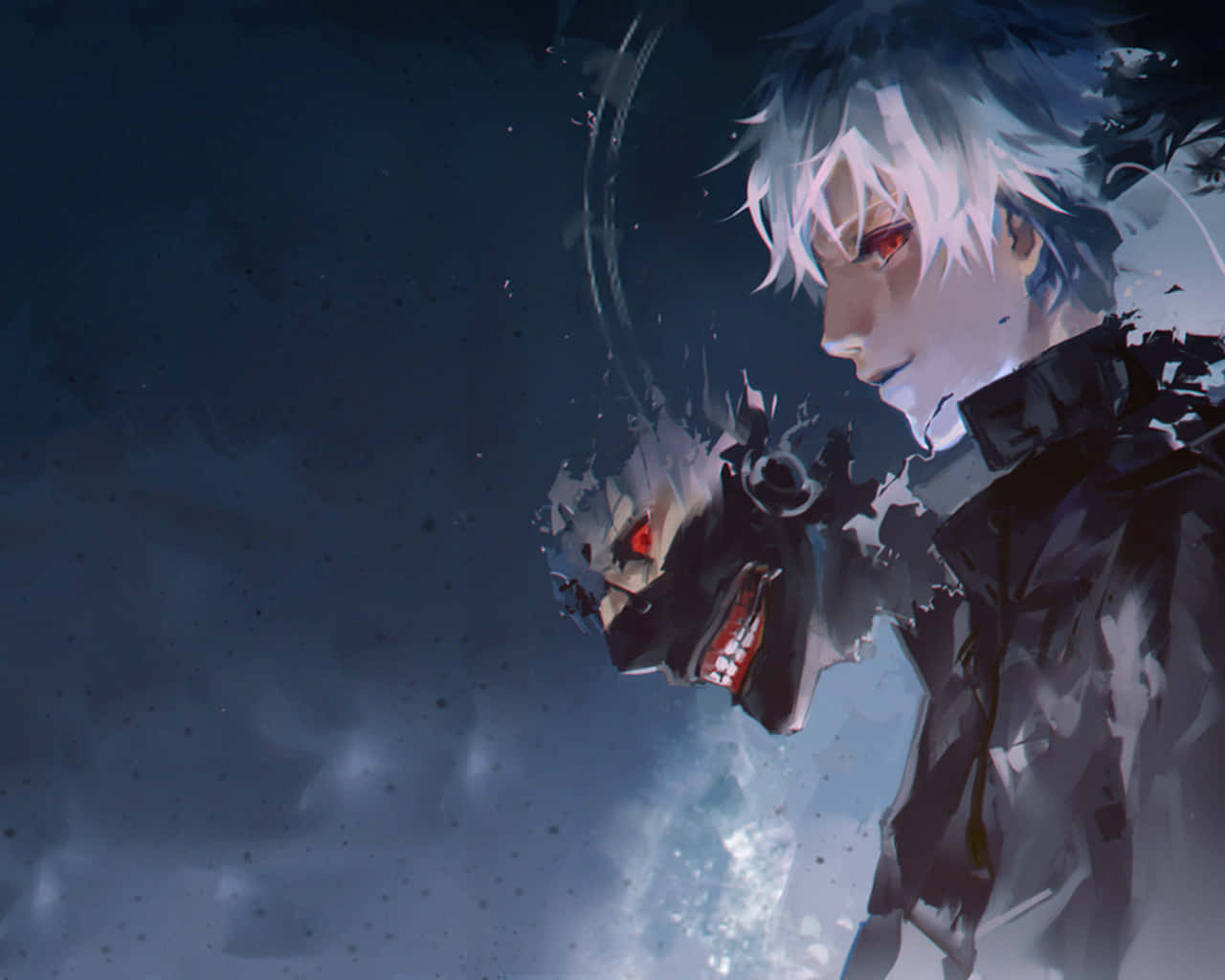 anime boy, ghoul mask, pale-haired, HD Desktop Wallpaper