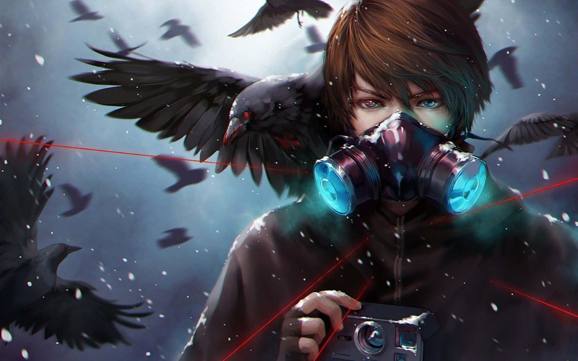 Anime Boy With Mask, glowing blue respirator, red laser beams, Full HD Desktop Wallpaper