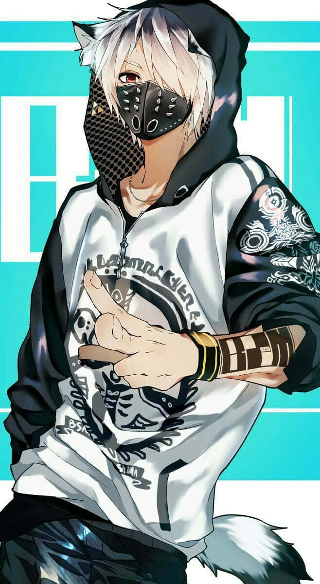 Anime Hiphop Boy With Mask, white hair, wolf ears, SD Phone Wallpaper