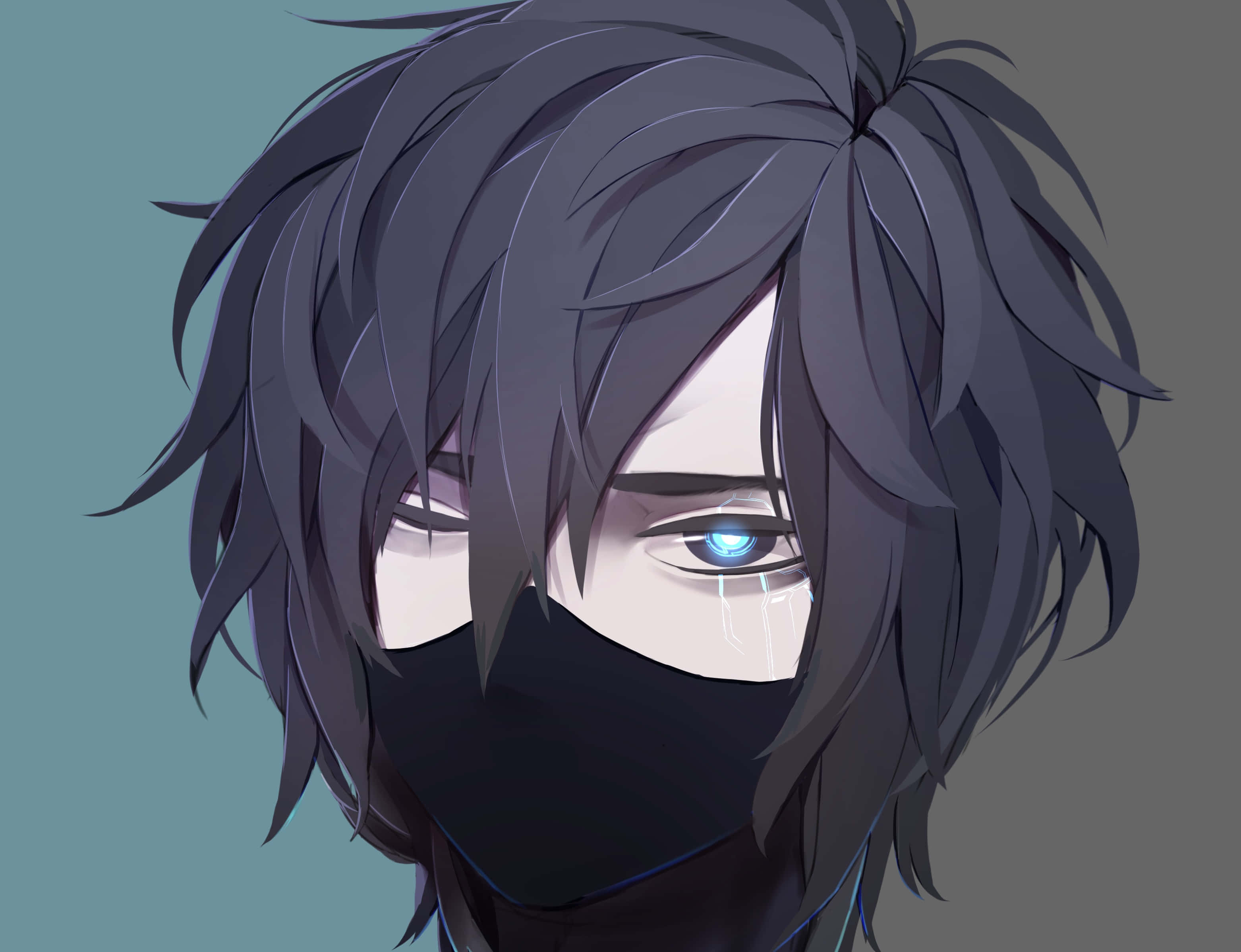 fierce anime boy with mask, dark hair, glowing blue eye, 2K Desktop Wallpaper