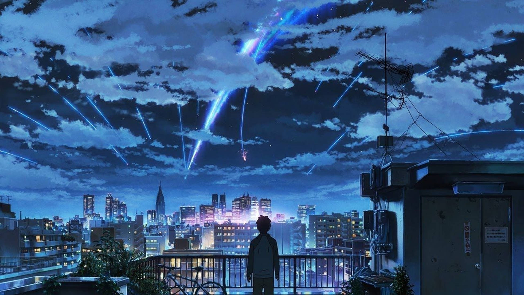 Lo Fi Anime Your Name Cover, rooftop balcony, vibrant cityscape, Full HD Desktop Wallpaper